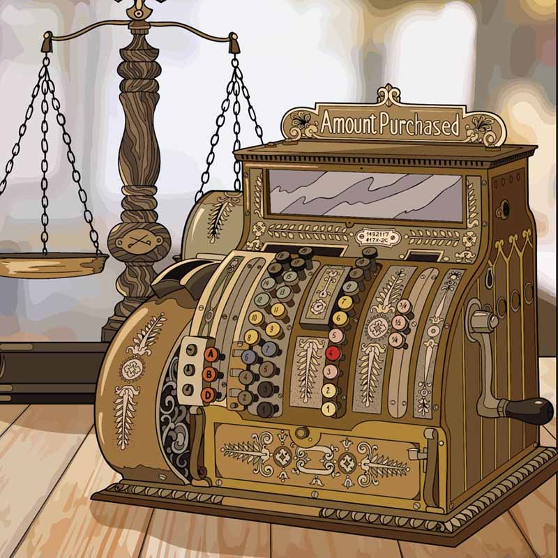 Full color line drawing of an old-fashioned cash register and scale at Weasley's Wizarding Wheezes from the chapter George's Girls in Dumbledore's Army and the Summer of '98