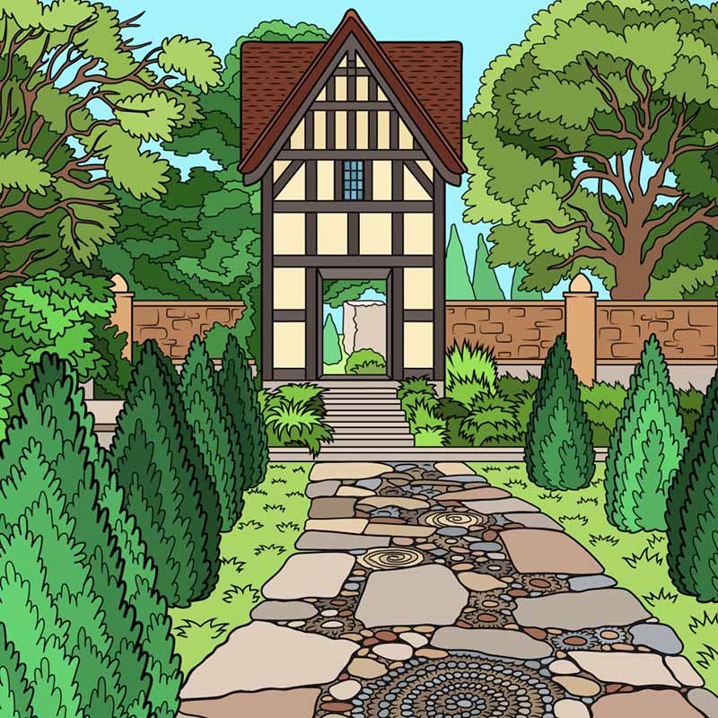 Full color line drawing of a walled park with a Tudor-style entrance gate from the chapter Asmo's Afternoon in Dumbledore's Army and the Summer of '98