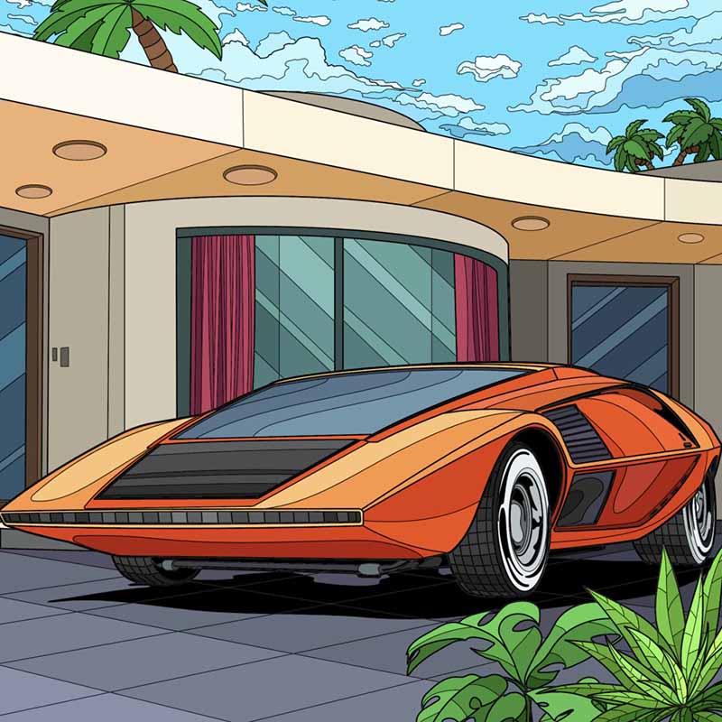 Full color line drawing of a futuristic orange sports car in the drive of a modern home from the chapter Finnegan's Future in Dumbledore's Army and the Summer of '98