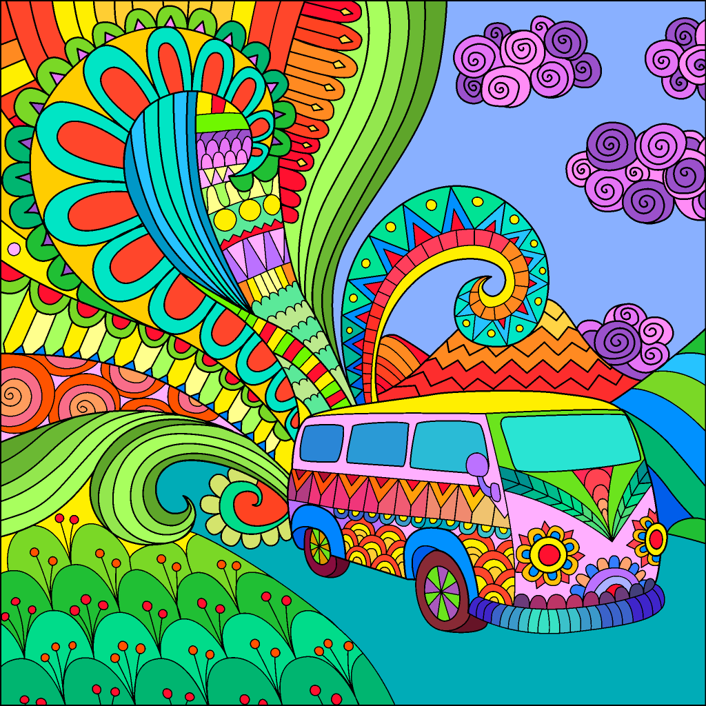 Full color line drawing of a VW Minibus painted in psychedelic colors and emitting psychedelic exhaust from the chapter Orla's Observations in Dumbledore's Army and the Summer of '98