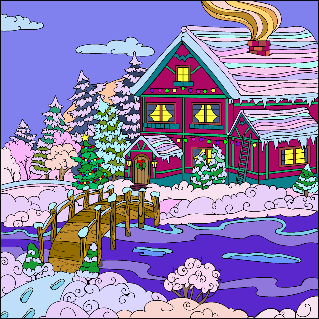 Full color line drawing of The Burrow in winter at twilight with snow