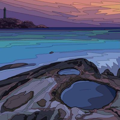 Full color line drawing of the ocean at sunset with a dark purple sky from the chapter Seamus' Shindig in Dumbledore's Army and the Summer of '98