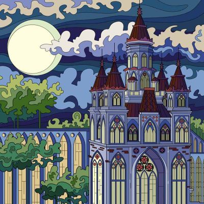 Full color line drawing of Hogwarts Castle under a dark sky with dark clouds and a full moon from the chapter Hermione's Horror in Dumbledore's Army and the Summer of 98