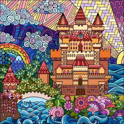 Full color line drawing of Hogwarts castle in the zentangle style from the chapter Neville's Narrative in Dumbledore's Army and the Summer of '98