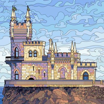 Full color line drawing of Hogwarts Castle under a bright blue sky from the chapter Potter's Puzzle in Dumbledore's Army and the Summer of '98