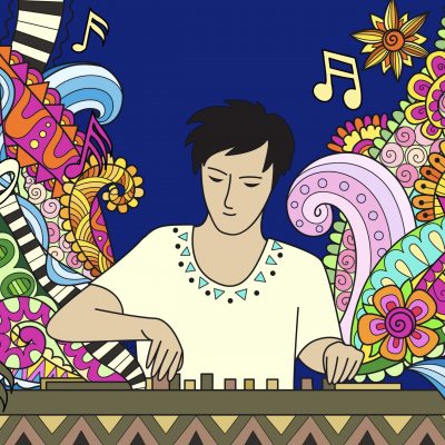 Full color line drawing of a deejay at his mixing board with psychedelic patterns in the background from the chapter irritating Ibiza in Dumbledore's Army and the Summer of '98