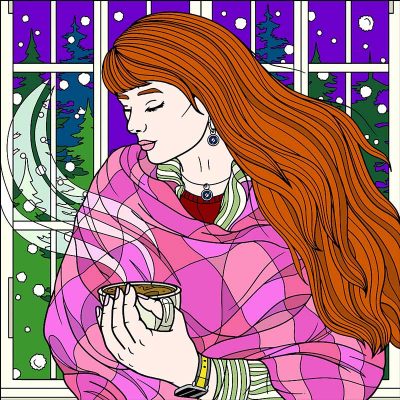 Full color line drawing of Ginny Weasley wrapped in a pink plaid blanket holding a cup of tea or cocoa - outside it's night and snowing