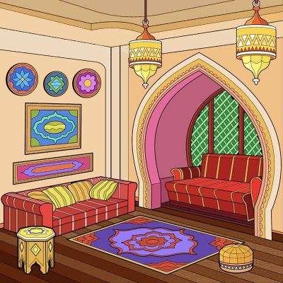 Full color line drawing of Parvati and Padma's suite at their grandmother's condominium in Nashik, Maharashtra, India from the chapter Parvati's Post in Dumbledore's Army and the Summer of '98