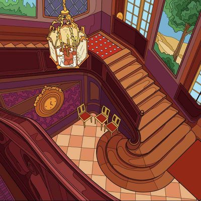 Full color line drawing of a birds-eye view of the grand staircase at Helophis House, the Serpentia's home in Wiltshire, England from the chapter Mixie's Mixup in Dumbledore's Army and the Summer of '98
