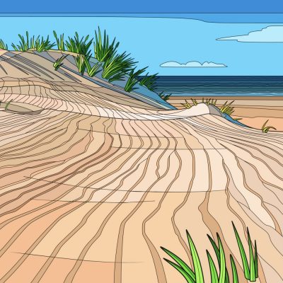 Full color line drawing of a beach with sand dunes and ocean from the chapter Parvati's Party in Dumbledore's Army and the Summer of '98