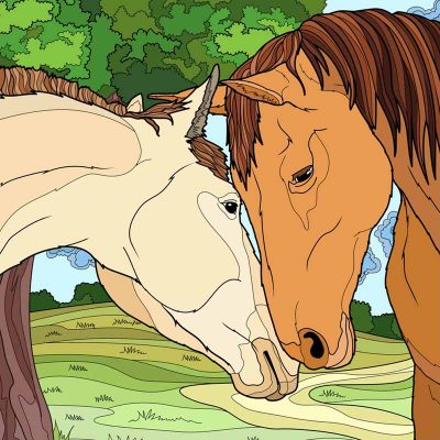 Full color line drawing of two horses nuzzling from the chapter Joe's Jeopardy in Dumbledore's Army and the Summer of '98