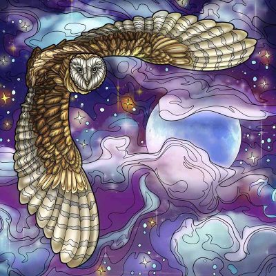 Full color line drawing of a barn owl flying through a starry night sky with a full moon from the prologue of Dumbledore's Army and the Summer of '98