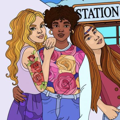 Full color line drawing of three young, stylish women from the chapter Hermione's Hesitation in Dumbledore's Army and the Summer of '98