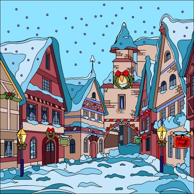 Full color drawing of Hogsmeade Village in the snow