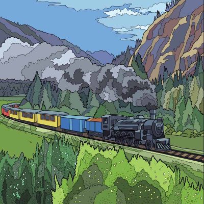 Full color line drawing of the Hogwarts Express traveling through the green countryside from the chapter Serpentia's Sensibilities in Dumbledore's Army and the Summer of '98